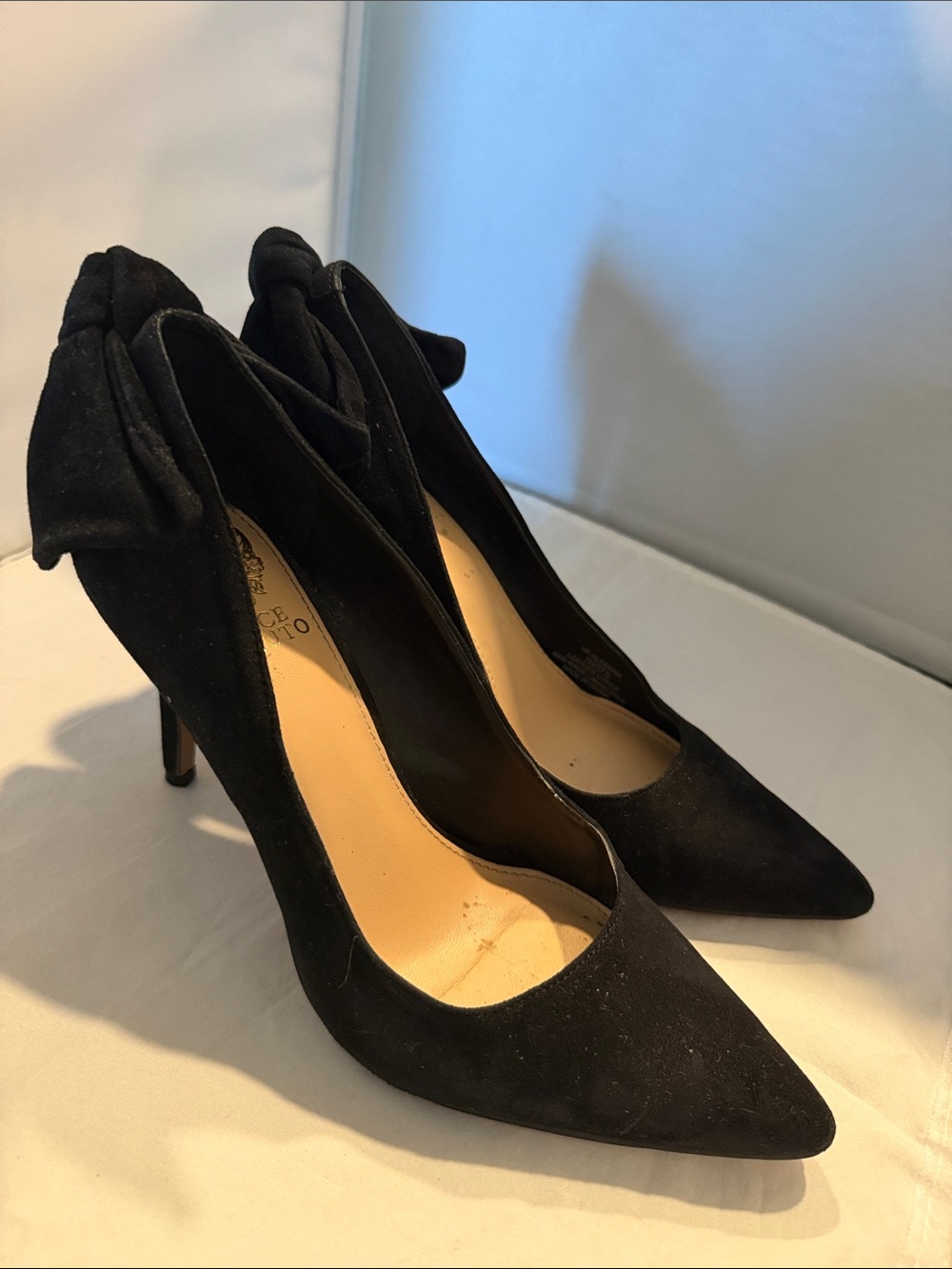 Vince Camuto Black Suede Stiletto Heels with Bow Accent